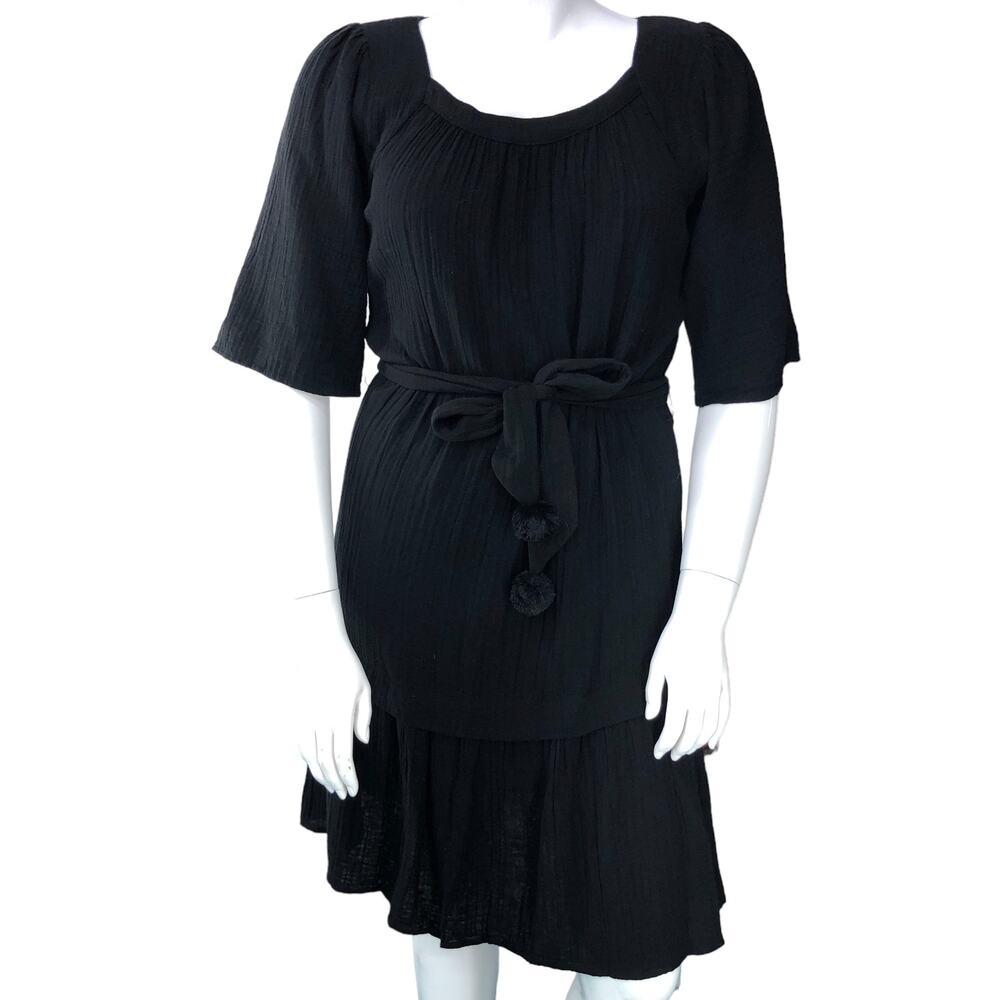 Johnny Was Calme Size M Fit Flare Dress Black Tie Front Jersey Knit Cotton Tier